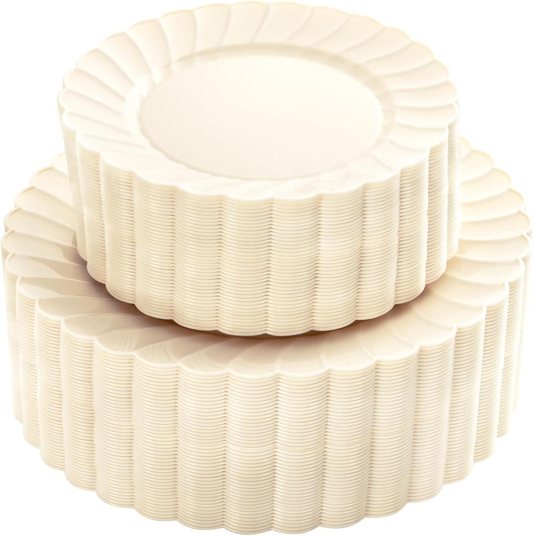 YOUBET 100PCS Ivory Scalloped Plastic Plates - Heavy Duty Disposable Fancy Hard Plates Include 50 Dinner Plate, 50 Dessert Plate, for Wedding & Party