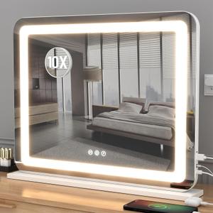 Vanity Mirror with Lights, 23"x 18" Large LED Lighted Mirror with Detachable 10X Magnification & 3 Colors Modes, and USB Charging Port for Vanity Desk Tabletop (White, 23 * 18)