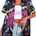80s 90s Outfits Shirt Women Retro Disco Party Button Up Tshirt Hawaiian Beach Short Sleeve Blouse Top (X-Large)