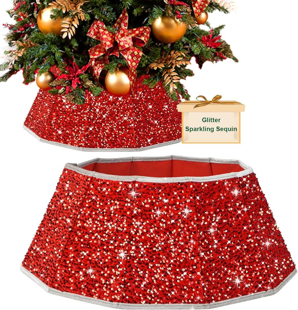 succulentlovers Red Sequins Christmas Tree Collar, 25.6 Inch Foldable Sparkling Sequin Trees Skirt Collar, Glitter Christmas Trees Base Cover Tree Stand Skirt for Christmas Tree Party Shiny Ornaments