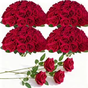 100Pcs Red Roses Artificial Flowers with StemsFake Roses Bouquet Fake Flowers BulkSilk Velvet Roses for Wedding Centerpieces Arrangement Baby Shower Birthday Home Decor Gifts