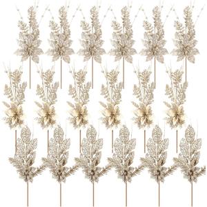 Suncalla 18 Pack 3 Styles 17 Inch Christmas Glitter Poinsettia Berry Stems Ornaments Artificial Floral Branches Picks for Christmas Tree Home Vase Holiday Party Decor(Champagne)