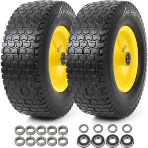 AR-PRO (2-Pack) 13x5.00-6 Flat Free Tire and Wheel Set - Replacement Riding Lawn Mower Solid Front Tire and Rim - with 3"-6" Offset Hub and 3/4" or 5/8" Bearings, Turf Treads with 400 lbs Load (Yellow)
