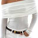 ZESICA Long Sleeve Shirts for Women Ribbed Knit Off Shoulder Slim Fit Going Out Tops Outfits 2026 Trendy Fashion Clothes (White)