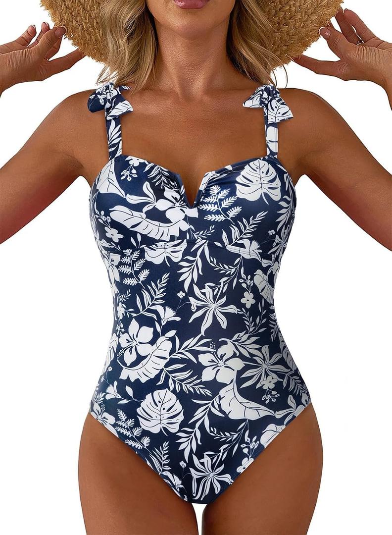 Aleumdr Women's One Piece Swimsuits Tummy Control Bathing Suits V Neck Boho Tie Shoulder Ruched Full Coverage Swimwear (Blue, XL)