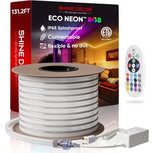 Shine Decor LED RGB Neon Rope Lights AC 120V, Expandable & Cuttable Bright Strip Lighting with Remote, Dimmable Color Changing, ETL Cold-Resistant & IP65 Waterproof for in&Outdoor, 10x20mm, 131.2FT