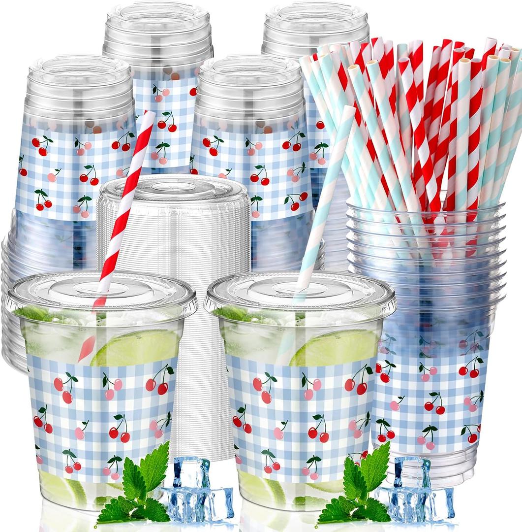 Jingmore 50 Pcs Cherry Plaid Party Disposable Plastic Cups 12 oz with Lids Straws Themed Party Supplies Plastic Tumbler for Birthday Table Decorations Favors(Red and Blue)