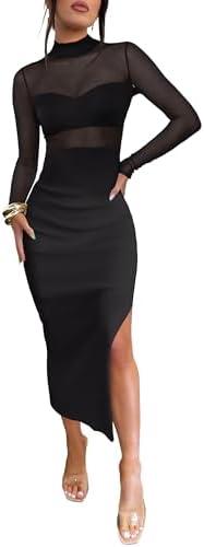 Caracilia Womens Mesh Dress Long Sleeve Mock Neck Bodycon Sheer Going Out Cocktail Night Club Midi Dresses 3 Piece Outfits L