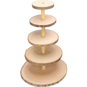 Ayfjovs 5 Tiered Rustic Wood Cupcake Stand, Detachable Large Slices Round Cupcake Tower Holder for Party and Rustic Wedding Decoration