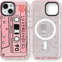 for iPhone 15 Case Cute - Compatible with Magsafe - Durable Shockproof 6.6 ft Drop Impact Phone Case - Funny Cassette Tape Design (6.1") Glitter Pink
