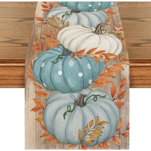 Artoid Mode Bule Polka Dot Pumpkins Eucalyptus Wood Fall Table Runner, Seasonal Autumn Kitchen Dining Table Decoration for Home Party Decor 13x72 Inch (Blue)