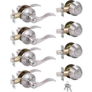 (4 Pack Keyed Alike Front Door Lever Lockset with Single Cylinder Deadbolt Combination Set， Wave Style Lever, Front Door/Exterior Door Knob with Lock and Deadbolt，Satin Nickel Finished