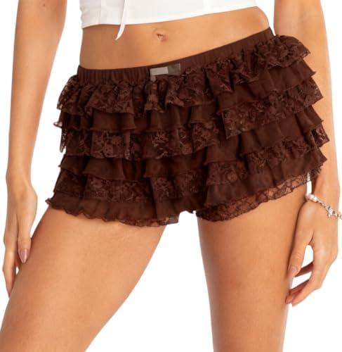 Women Mini Lace Shorts Y2K Sexy Ruffle Layered Elastic Waist Solid Color Bloomer Shorts Streetwear L