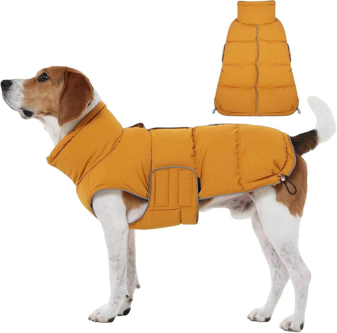 FUAMEY Dog Puffer Jacket for Medium Dogs, Dog Cold Weather Coats Winter Dogs Down Jackets Waterproof Pet Snowsuits Warm Puppy Winter Vest Turtleneck Pets Adjustable Jackets Coats Mustard Yellow M