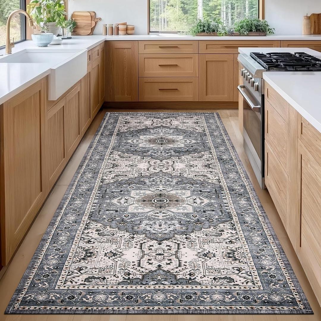 PURRUGS Vintage Farmhouse Boho Runner Rug 2'6" x 6', Non-Slip Machine Washable Rug, Accent Area Rug for Kitchen, Hallway, Entryway, Bedroom, Living Room and Dining Room, Periwinkle Gray/Soft Ivory