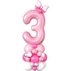 40 Inch Pink Number 3 Balloon for 3rd Birthday Decoration Pastel Baby Pink Number Three Foil Balloon Tower Giant Large Digit Hot Pink White Helium Balloons Stack for Girl Third Anniversary Party