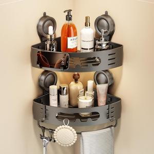 Voldra Corner Shower Caddy Suction Cup, Aluminum Corner Shower Shelves for Wall No Drilling, Large Suction Cup Shower Organizer with Towel Bar & Hooks Removable Bathroom Storage Rack(2 Pack-Gray)
