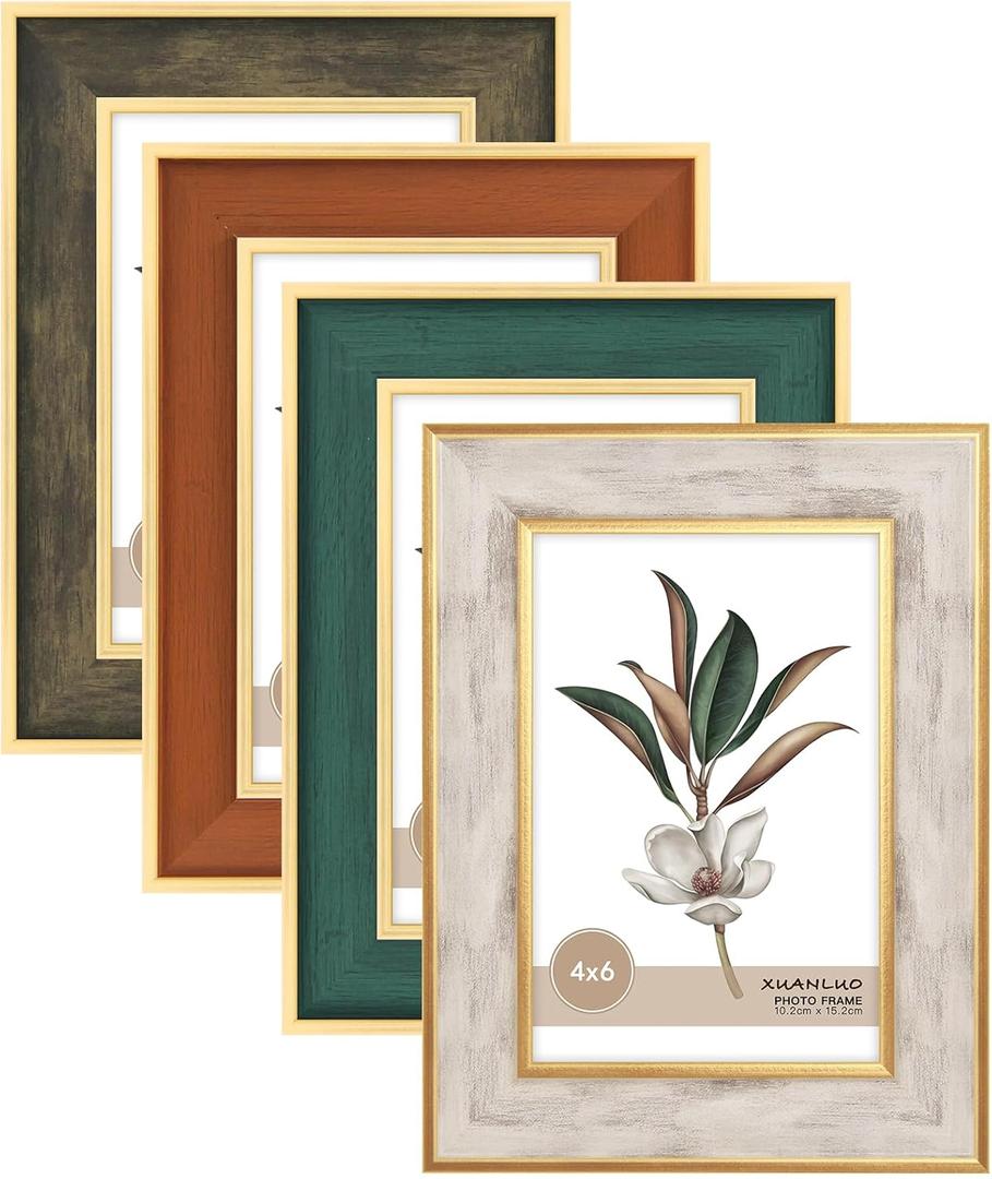 XUANLUO 4 Pack Picture Frames Farmhouse Rustic Picture Frame Sets with Distressed Wood Grain,Display Pictures Tabletop or Wall Decor (Mix Color, 4x6 