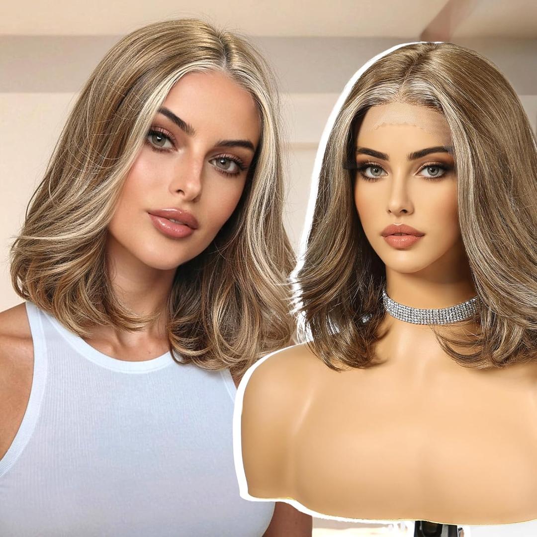 Ash Brown Human Hair Wigs,13X5X1 Glueless Grey Brown Highlight Bob Layered Lace Front Wig for White Women,Fiber & Remy Human Hair Blend for Daily Use 10IN