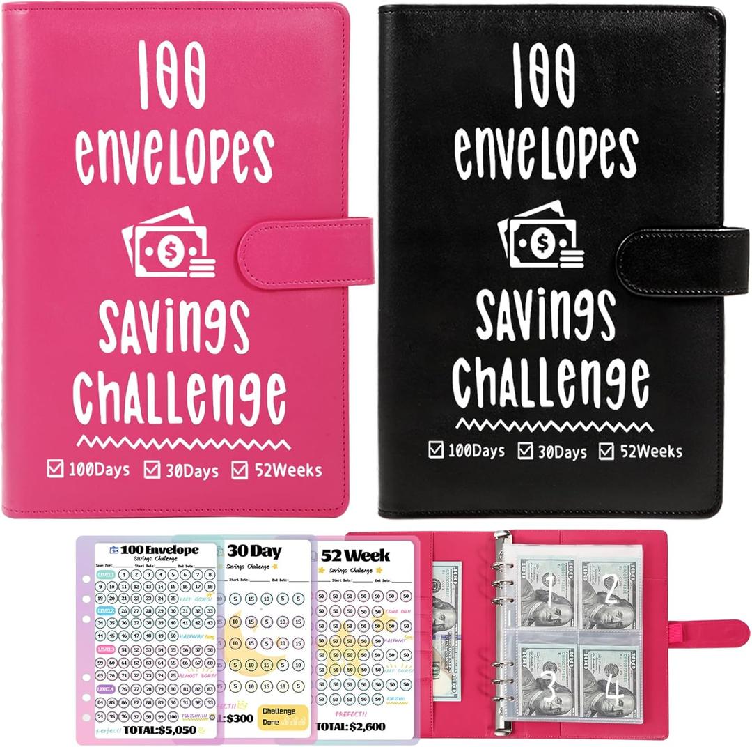 2 Pack 100 Envelopes Money Saving Challenge, Cash Budget Planner A5 Binder, Savings Challenges Book Organizer Folder, with 3 Tracker to Save $5,050 and $2,600, $300, 100 Pre-numbered Pockets, Black & Red