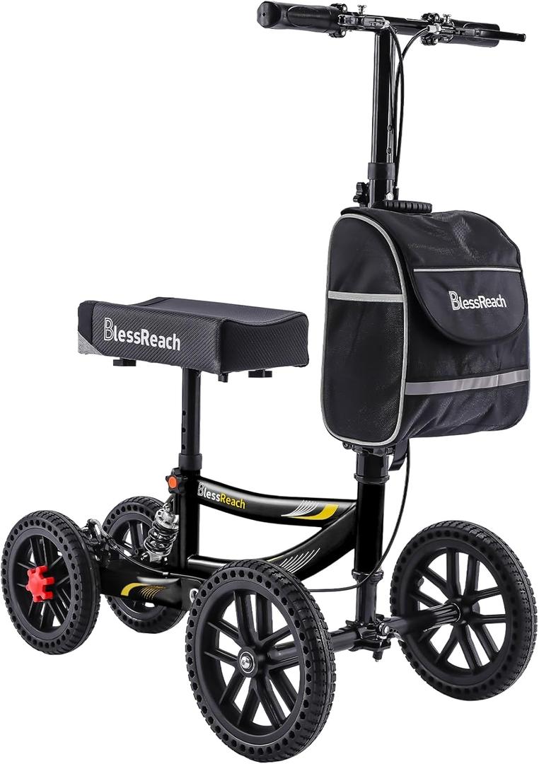 Knee Scooter, 300lbs Capacity, 13" Big PU Seat, Disc Brake Knee Walker, All Terrain Foldable Knee Scooter Walker with Bag for Foot Injuries Compact Crutches Alternative (Black)