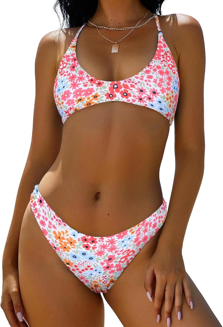 ZAFUL Women's Tie Back Padded High Cut Bralette Bikini Set Two Piece Swimsuit (Medium, 1-floral Orange Pink)