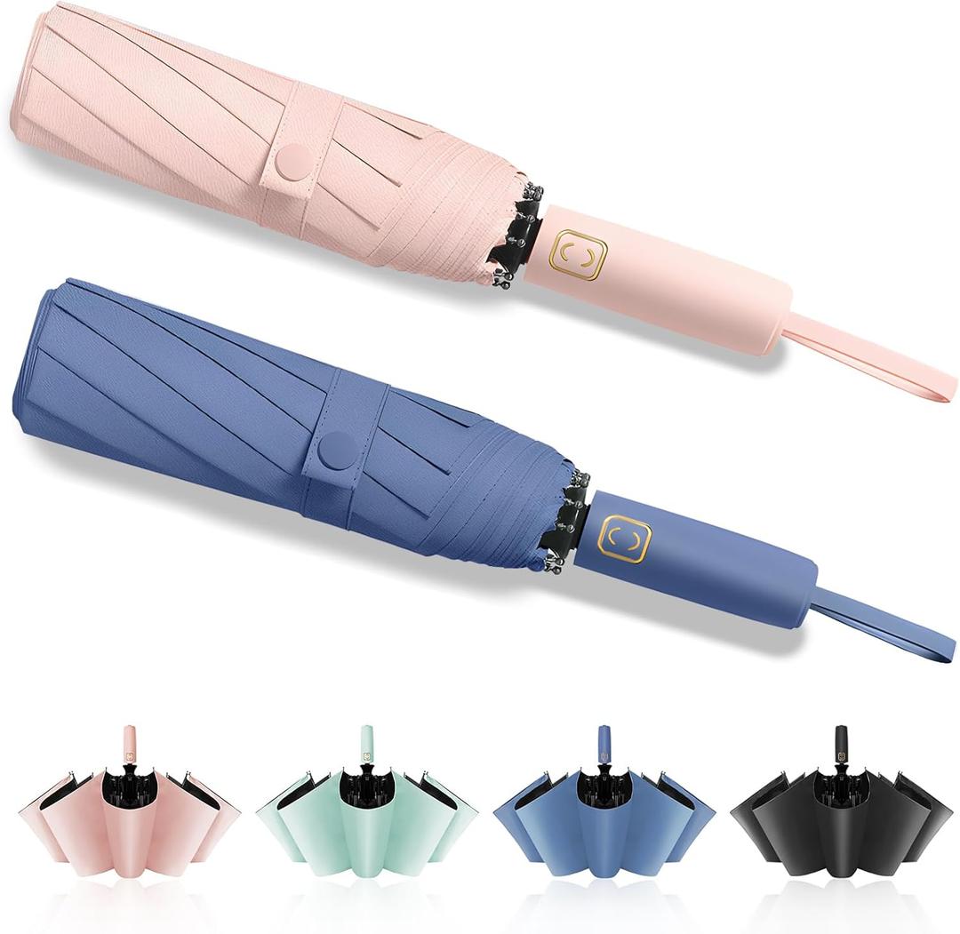 2-Pack Windproof, Waterproof, UV-Blocking Portable Travel Umbrella, Compact Sun & Rain Folding Umbrella, Double Rib Structure, Large Auto Open and Close Car Umbrella (PINK+BLUE)