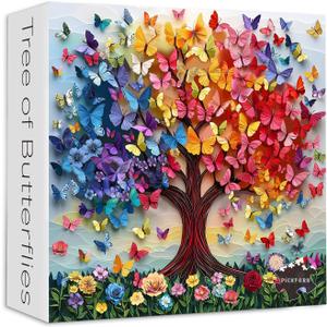 PICKFORU Colorful Butterfly Puzzles for Adults 1000 Pieces, Tree of Life Jigsaw Puzzle Rainbow Floral, Unique Spring Flower Art Theme as Home Decor
