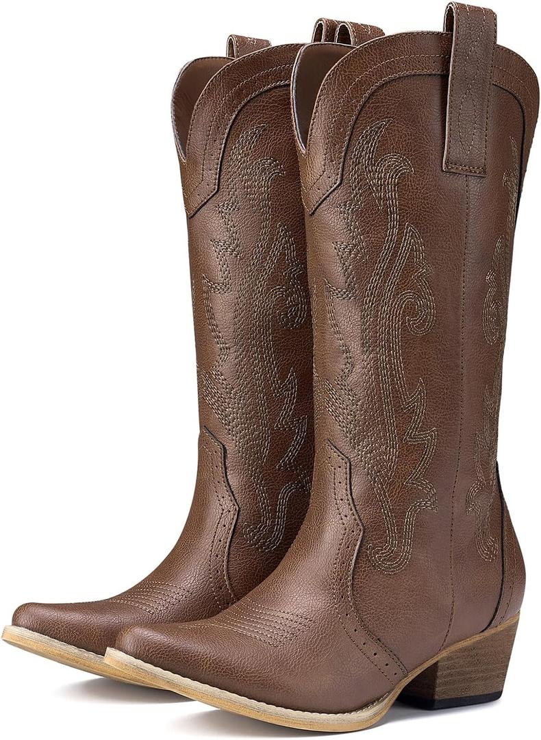 HISEA Rollda Cowboy Boots for Women, Cowgirl Boots, Comfortable Western Boots with Pointed Toe Stitched Embroidery for Country Concert Dancing Wedding Traveling Daily Outfits (Brown,8.5)
