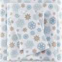 True North by Sleep Philosophy Cozy Flannel Warm 100% Cotton Sheet - Novelty Print Animals Stars Cute Ultra Soft Cold Weather Bedding Set, Twin, Tan/Blue Snowflakes 3 Piece