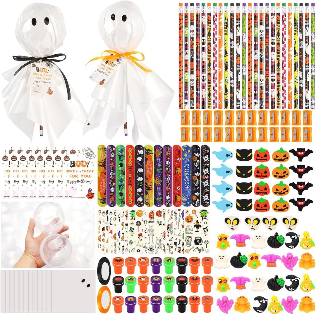 24Pack Halloween Party Favors for Kids, Halloween Classroom Gifts Giant Lollipop Gifts for Birthday Party with Gift Cards, Pencils, Erasers, Stickers, Sharpener for School Exchange Party Gift