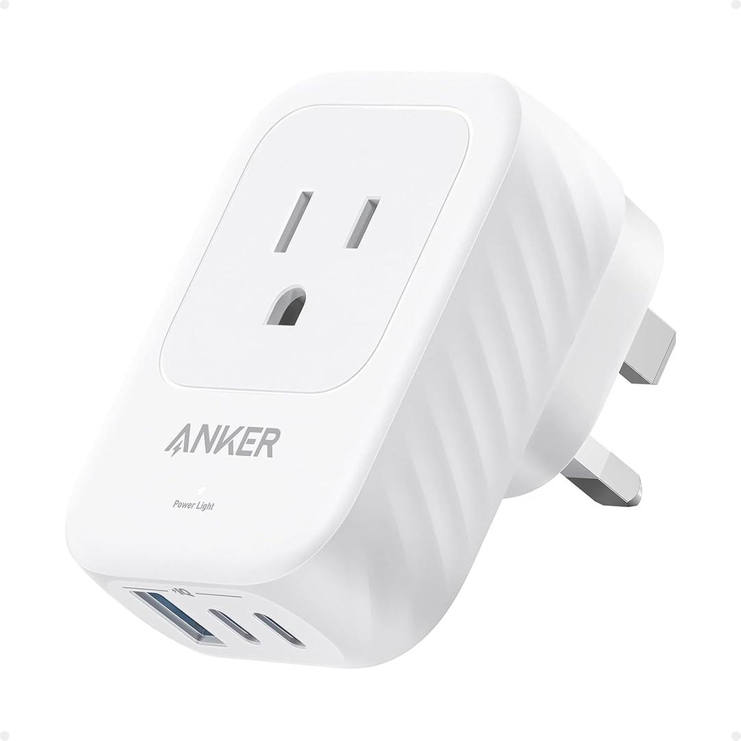 Anker Travel Adapter, Type G Adapter for Travel, US to UK Plug Adapter International Travel Essentials, 2 AC, 1 USB A, 2 USB C for 15W, Compact for iPhone, iPad, England, Ireland, TUV Listed