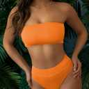 Pink Queen Women's Ribbed High Waisted Bikini Set Removable Strap Bandeau Swimsuit (Orange, XL)