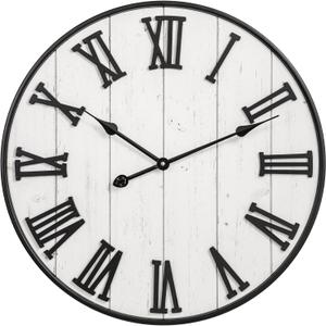 Large Rustic Wooden Wall Clock, 24 Inch Whitewashed Farmhouse Wall Clock with Carved Roman Numerals, Silent Battery Operated Round Vintage Clock for Living Room, Kitchen, Bedroom, Study Room
