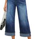 GRAPENT Wide Leg Jeans for Women High Waisted Stretchy Denim Crop Pants Fold Hem Cropped Baggy Jeans with Pockets (XX-Large, Classic Blue)