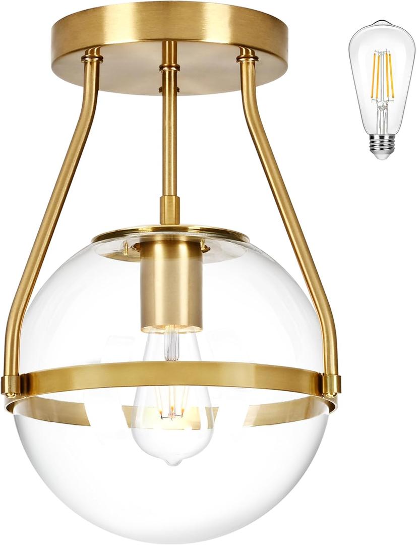 9.8" Semi Flush Mount Ceiling Light with Clear Glass Shade Mid Century Ceiling Light Modern Gold Globe Semi Flush Mount Ceiling Light Fixture for Bedroom Hallway Bathroom Foyer (Bulb Incl.)