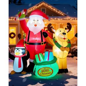 7FT Christmas Inflatables Outdoor Decorations, Blow Up Yard Decorations with Santa Claus Penguins Reindeer and Gift Bag Inflatable with LED Lights for Indoor Outdoor Yard Garden Decor