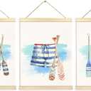 BESERH Coastal Nautical Wall Art Poster Hanger Frame 12x16 Inch Set of 3,Swimsuit Paddle Summer Beach Posters for Bedroom Decor, Navy Blue Beachy Canvas Pictures Prints Framed Wall Decor for home