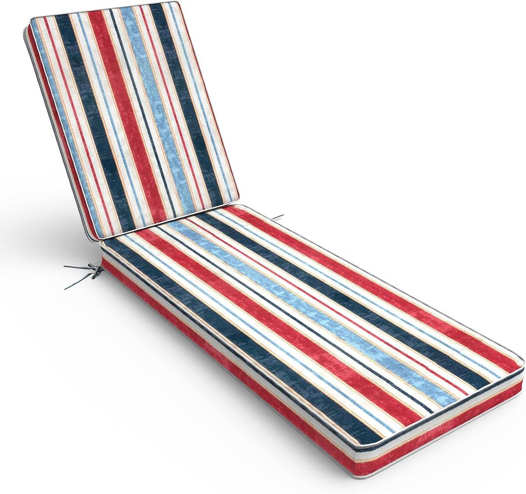 Outdoor Chaise Lounge Cushion for Patio Furniture 72 x 21 x 3 Inch, Water Resistant Patio Lounge Chair Cushion with Straps for Lawn Pool Furniture,Stripe Red Blue