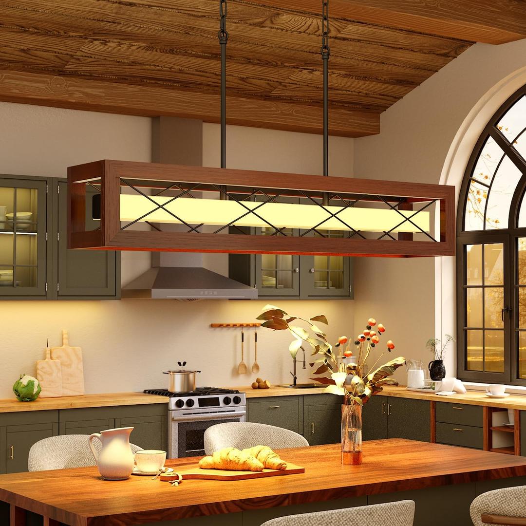 39.4" Wood Kitchen Island Light, Farmhouse Dining Room Light Fixture 34W, 39.4in