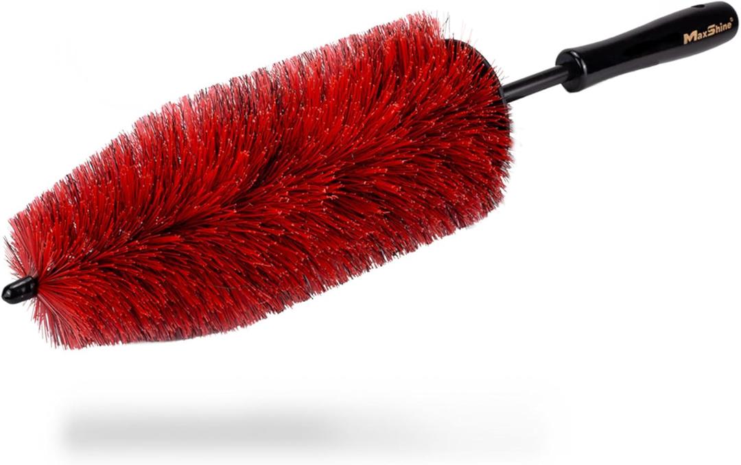 Maxshine Wheel & Rim Brush 10 (Red & Black) | Large Soft Bristle PP Material with Comfort Grip & Knuckle Guard | Scratch-Free Wheel Cleaning Brush | Universal Car Detailing Tool for Rims & Tires