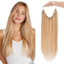 Halo Hair Extensions Real Human Hair Invisible Wire Extensions with Transparent Fish Line Adjustable Size Golden Brown & Bleach Blonde 14 inch