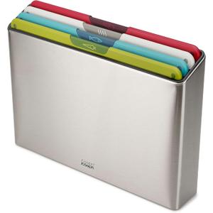Joseph Joseph Folio Icon 4-Piece Multi Colour coded Cutting Board Set, Stainless Steel Slimline case for organized Kitchen storage, Silver (2.9"L x 14"W)