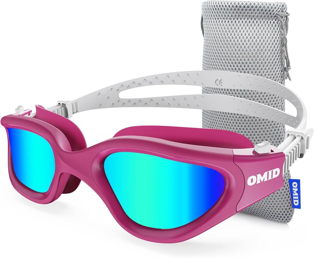 OMID Swim Goggles, P2 Polarized Swimming Goggles for Men Anti-fog Goggles Swimming for Adult Women (C3-wine Red Frame Light Smoke Lens)