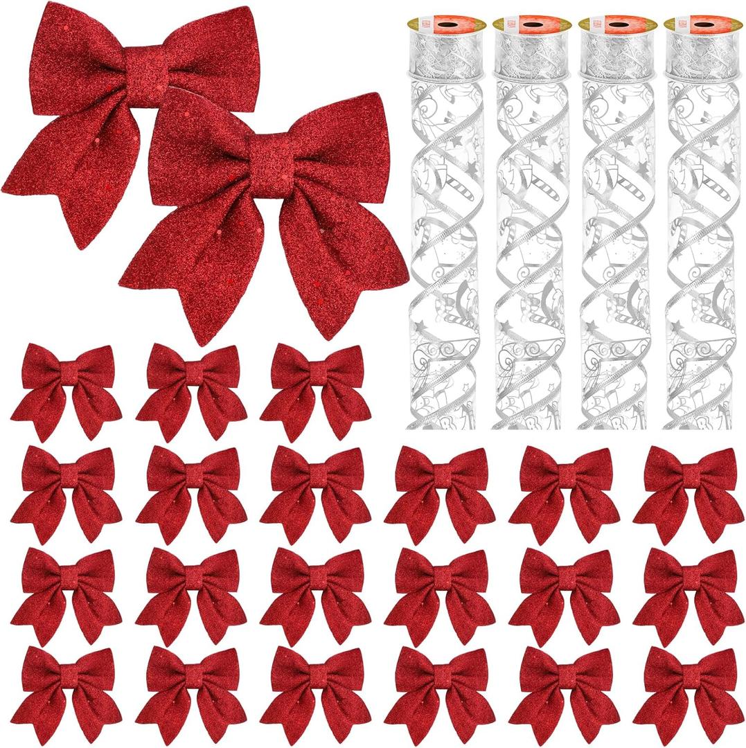 23pcs 5.5'' Mini Christmas Bow Decorations and 4 Rolls Sheer Glitter Ribbon, Sequin Wreaths and Organza for Christmas Tree Ornaments Gift Wrapping (Red Bow and Silver Ribbon)