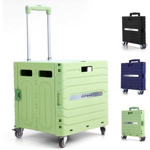 Folding Utility Cart Portable Rolling Crate Handcart Foldable Shopping Trolley Collapsible, with Lid, on Wheels, for Grocery, Garden, Office, Storage, Teacher, Tool (Green)