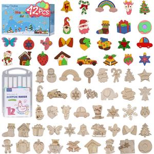 JIALEIXI Wooden DIY Christmas Ornaments, 42PCS Christmas Tree Decorations, Wooden Art Magnets Crafts Painting Kit Hanging Decorations for Home Party Holiday Indoor