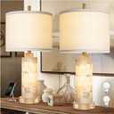 Natural Alabaster And Wood Table Lamp Set of 2 With Night Light Nightstand Lamps With USB Ports White Linen Fabric Shade Bedside Lamp Decor For Living Room Bedroom Home Office Hotel Bar House