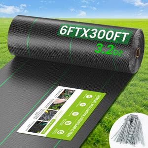6FT x 300FT Weed Barrier Fabric, 3.2oz Landscape Fabric, Premium Weed Barrier Fabric Heavy Duty with 20 U-Shaped Securing Pegs for Greenhouse Floors, Flower Bed, French Drain, Construction Project
