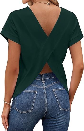 LilyCoco Women's Short Batwing Sleeve Shirt Criss Cross Back Tops Casual Loose Plain Tee (Green, S)